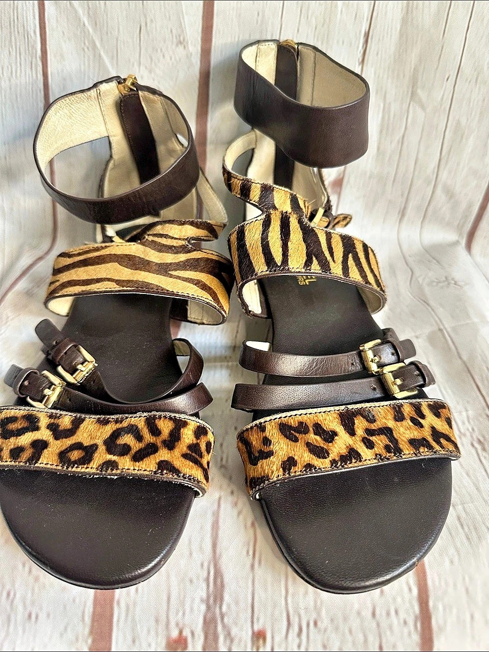 Michael Michael Kors Leather & Calfhair Ankle Strap Sandals size 7.5